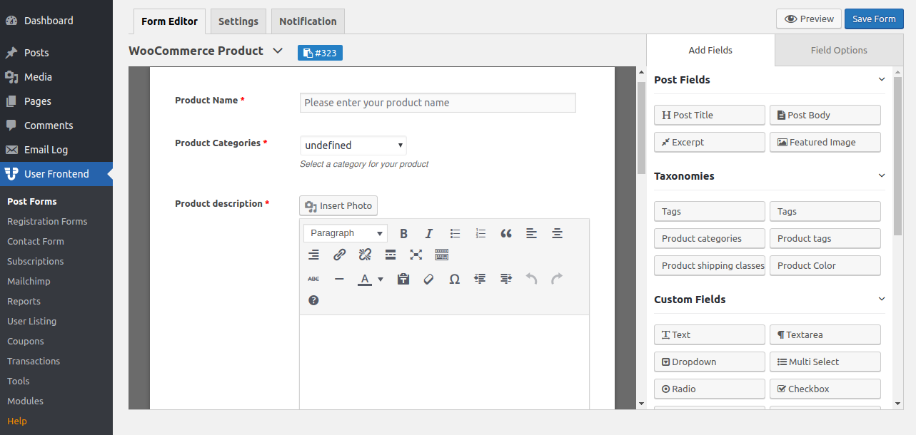 WP User Frontend Product upload form